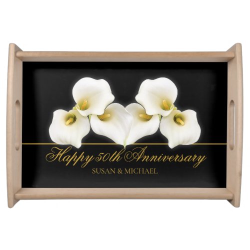 Elegant 50th Wedding Anniversary Floral Gold Black Serving Tray