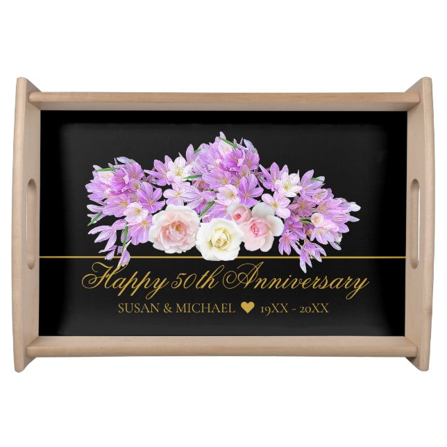 Elegant 50th Wedding Anniversary Floral Gold Black Serving Tray (Front)
