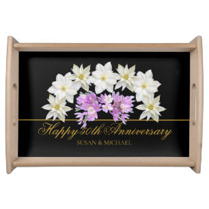 Elegant 50th Wedding Anniversary Floral Gold Black Serving Tray