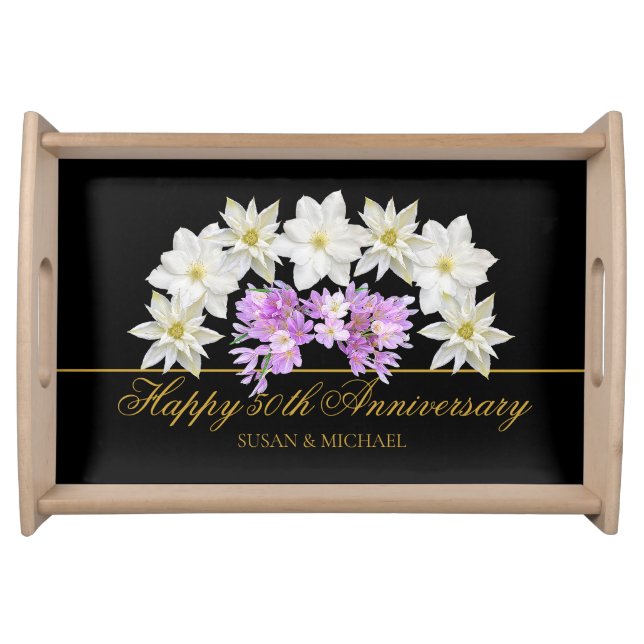 Elegant 50th Wedding Anniversary Floral Gold Black Serving Tray (Front)