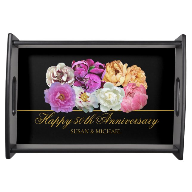 Elegant 50th Wedding Anniversary Floral Gold Black Serving Tray (Front)