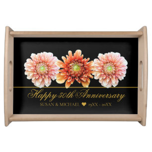 Elegant 50th Wedding Anniversary Floral Gold Black Serving Tray