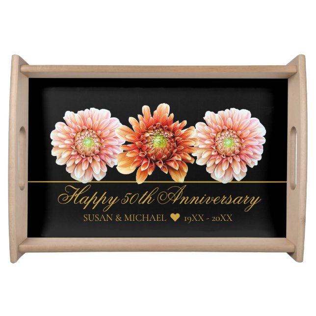 Elegant 50th Wedding Anniversary Floral Gold Black Serving Tray (Front)