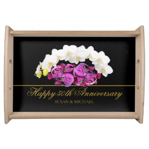 Elegant 50th Wedding Anniversary Floral Gold Black Serving Tray
