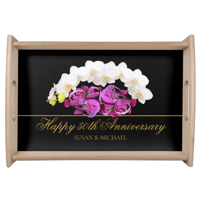 Elegant 50th Wedding Anniversary Floral Gold Black Serving Tray (Front)