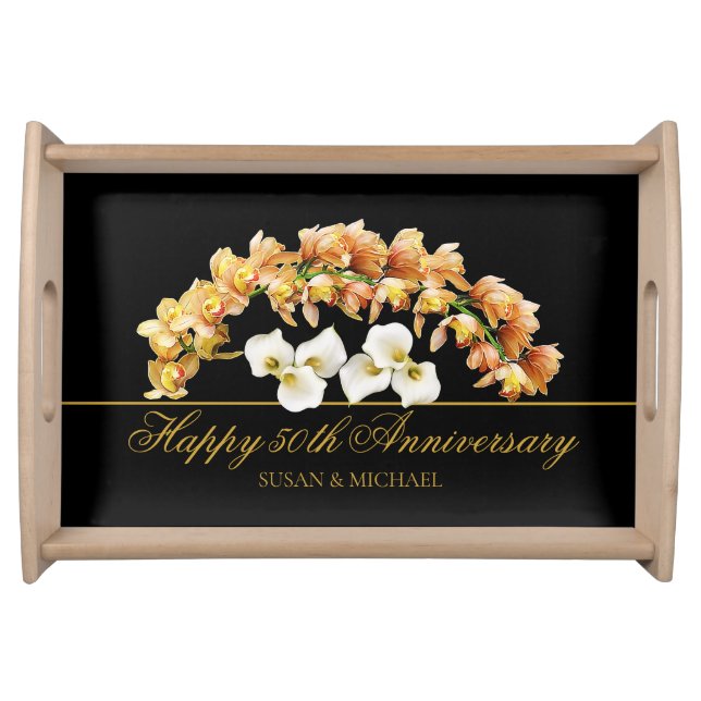 Elegant 50th Wedding Anniversary Floral Gold Black Serving Tray (Front)