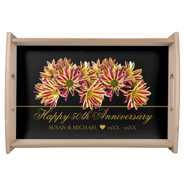 Elegant 50th Wedding Anniversary Floral Gold Black Serving Tray (Front)