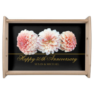 Elegant 50th Wedding Anniversary Floral Gold Black Serving Tray