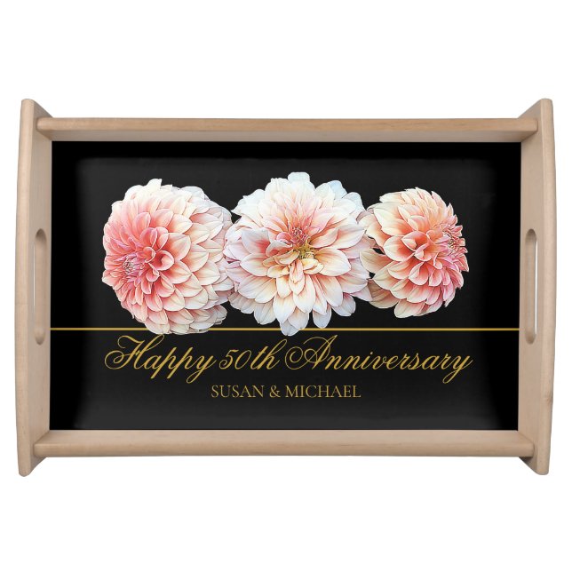 Elegant 50th Wedding Anniversary Floral Gold Black Serving Tray (Front)