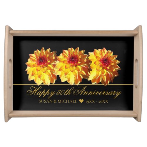 Elegant 50th Wedding Anniversary Floral Gold Black Serving Tray