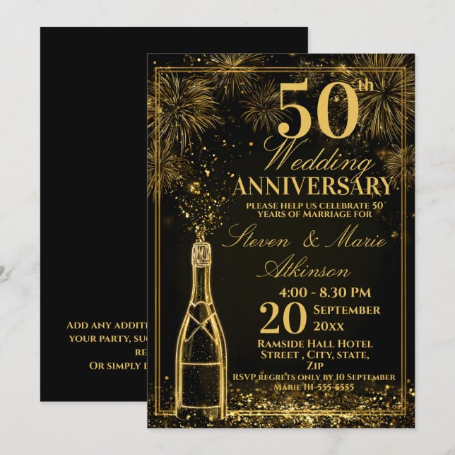 Elegant 50th Wedding Anniversary Gold Bottle Fizz Invitation (Front/Back)
