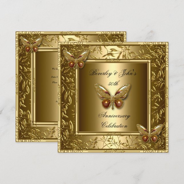 Elegant 50th Wedding Anniversary Gold Butterfly Invitation (Front/Back)