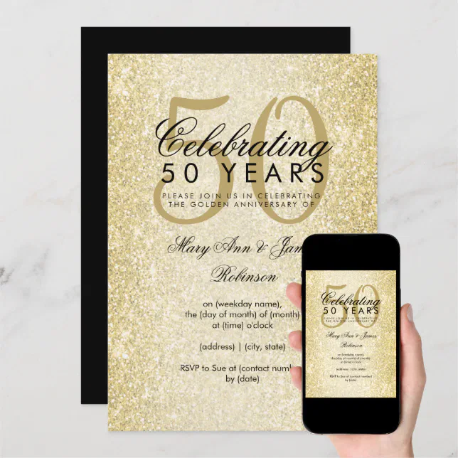 Elegant 50th Wedding Anniversary Gold Glitter Invitation | Zazzle