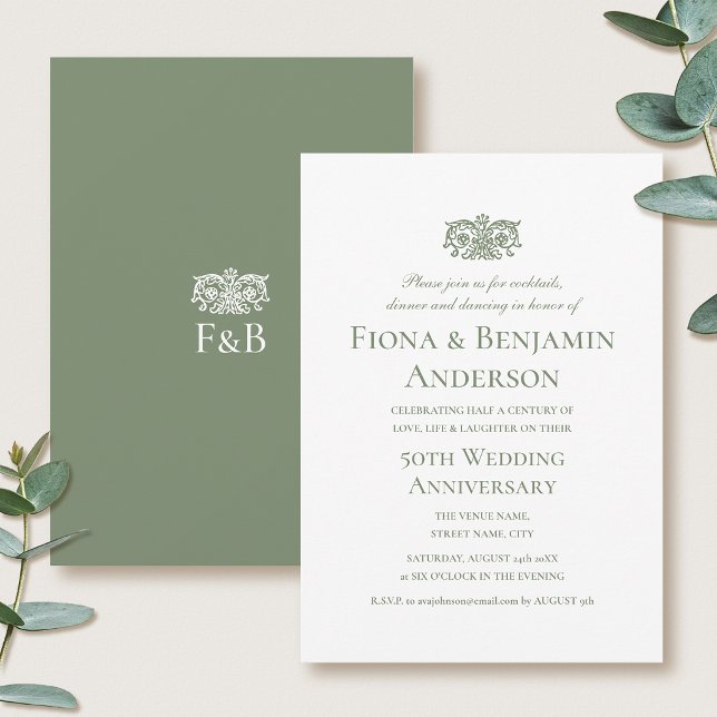 Elegant 50th Wedding Anniversary Green Formal Invitation (Creator Uploaded)