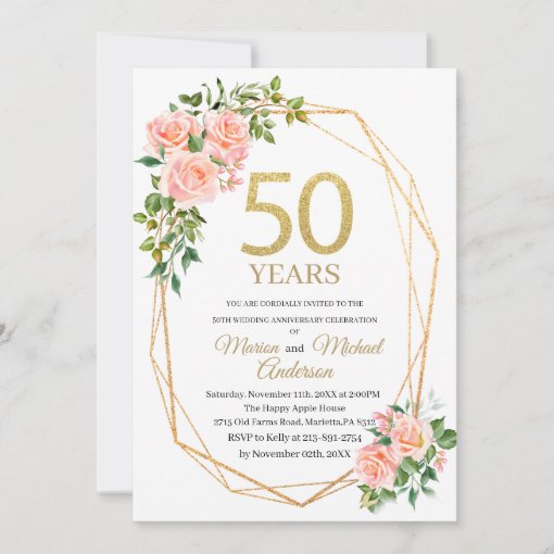 Elegant 50th Wedding Anniversary Watercolor Glitt Invitation | Zazzle