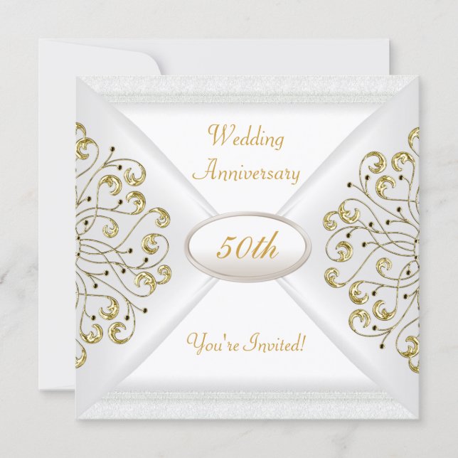 Elegant 50th Wedding Anniversary White Gold Invitation (Front)