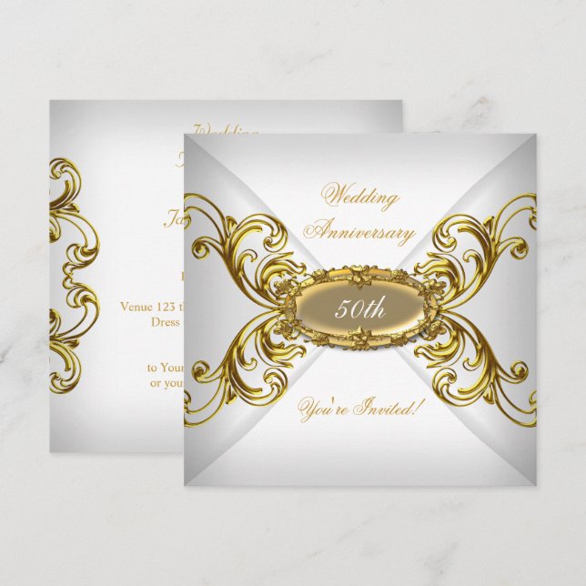 Elegant  50th Wedding Anniversary White Gold Invitation (Front/Back)