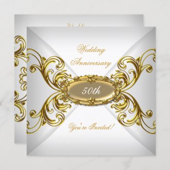 Elegant  50th Wedding Anniversary White Gold Invitation by Zizzago at Zazzle