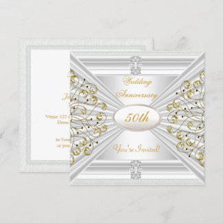 Elegant  50th Wedding Anniversary White Gold Invitation