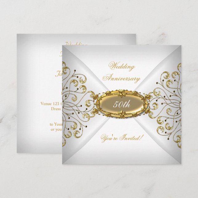 Elegant  50th Wedding Anniversary White Gold Invitation (Front/Back)