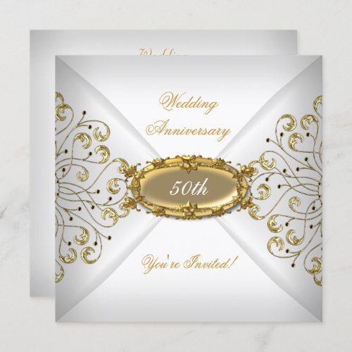 Elegant  50th Wedding Anniversary White Gold Invitation