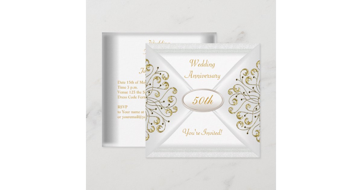 Elegant 50th Wedding Anniversary White Gold Invitation | Zazzle