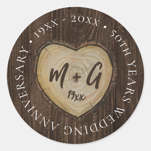 Elegant 50th Wedding Anniversary Wood Classic Round Sticker (Front)
