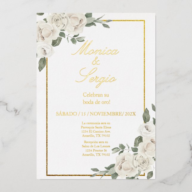 Elegant 50th Wedding Invitation in Spanish Foil Invitation (Front)
