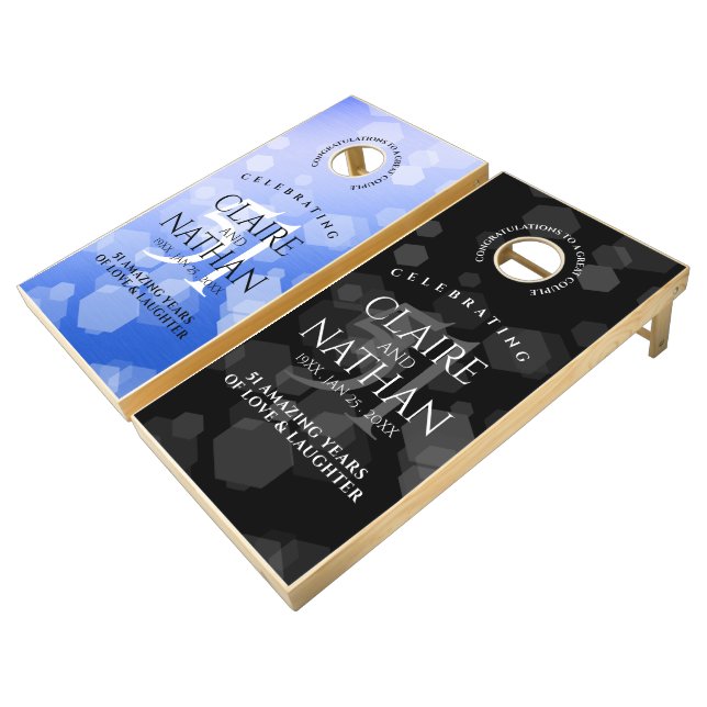 Elegant 51st Sapphire Wedding Anniversary Cornhole Set (Angled)