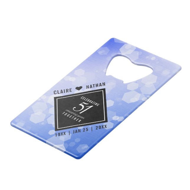 Elegant 51st Sapphire Wedding Anniversary Credit Card Bottle Opener (Front Angled)