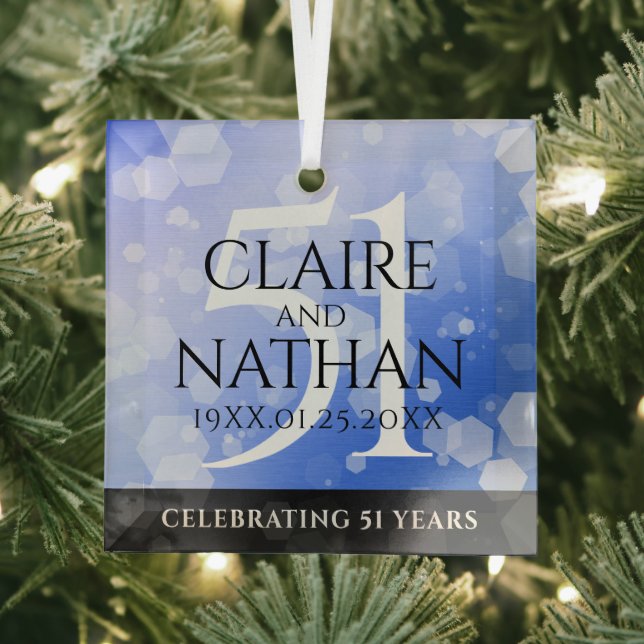 Elegant 51st Sapphire Wedding Anniversary Glass Ornament (Insitu)