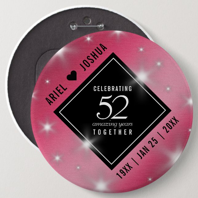 Elegant 52nd Star Ruby Wedding Anniversary Button (Front & Back)