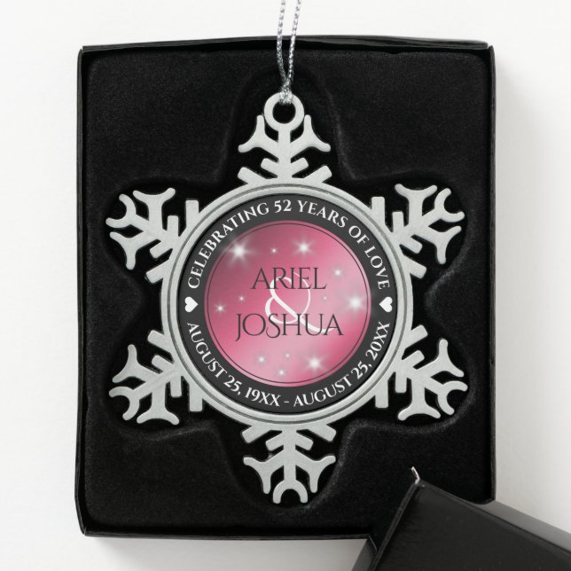 Elegant 52nd Star Ruby Wedding Anniversary Snowflake Pewter Christmas Ornament (Box)