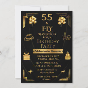 Elegant 55 & FLY Men's Birthday gold onyx 5x7 Invitation