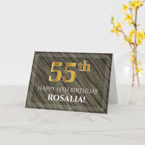 Elegant 55th Birthday Faux Wood Faux Gold Look Card