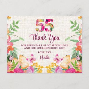 Elegant 55th Birthday, Flowers Floral Linen Thanks Postcard