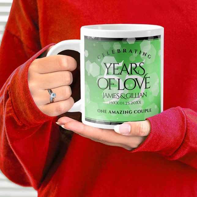 Elegant 55th Emerald Wedding Anniversary Giant Coffee Mug (55th wedding anniversary jumbo mug held by woman sporting a wedding ring and red sweatshirt.)