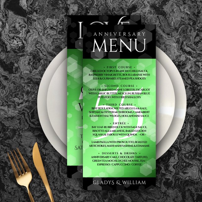 Elegant 55th Emerald Wedding Anniversary Menu (Elegant 55th Emerald Wedding Anniversary Menu Rack Card Cover Photo.)