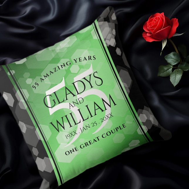 Elegant 55th Emerald Wedding Anniversary Throw Pillow (EO 55th Wedding Anniversary Throw Pillow on Black Satin Cover Photo.)