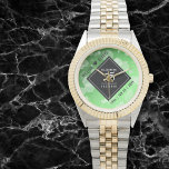 Elegant 55th Emerald Wedding Anniversary Watch<br><div class="desc">Celebrate the 55th emerald wedding anniversary and a love that stands the test of time with this stylish watch! Elegant black and white lettering with hexagonal confetti on an emerald green background add a memorable touch for this special occasion and extraordinary milestone. Personalize with the couple's names and dates of...</div>