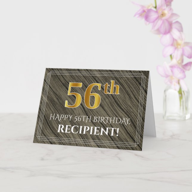 Elegant 56th Birthday: Faux Wood, Faux Gold Look Card (Orchid)