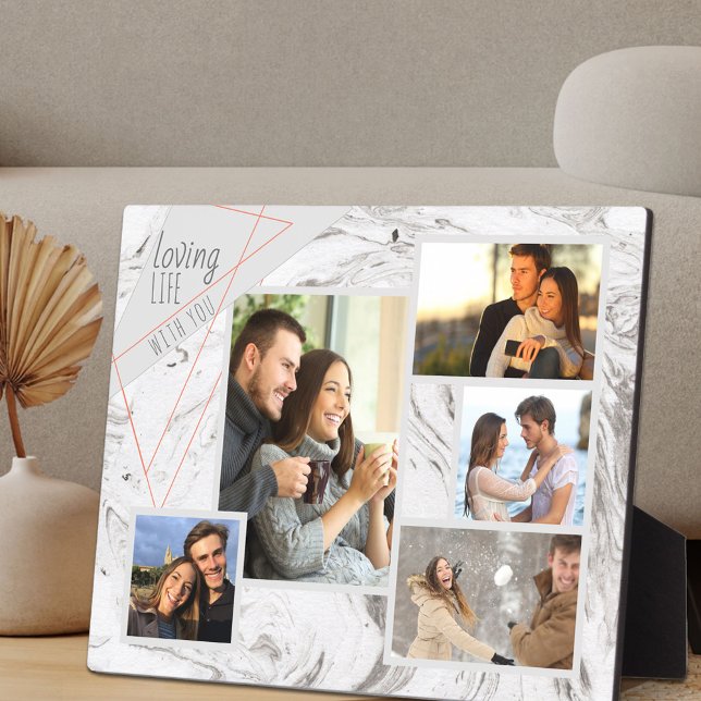 Elegant 5 Photo Collage Loving Life - Grey Marble Plaque (Creator Uploaded)