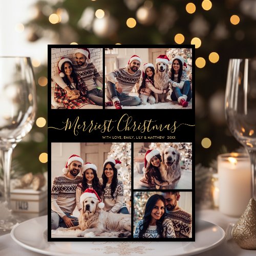 Elegant 5 Photo Collage Merriest Christmas  Holiday Card