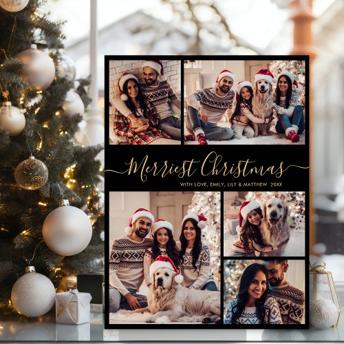 Elegant 5 Photo Collage Merriest Christmas Holiday Card