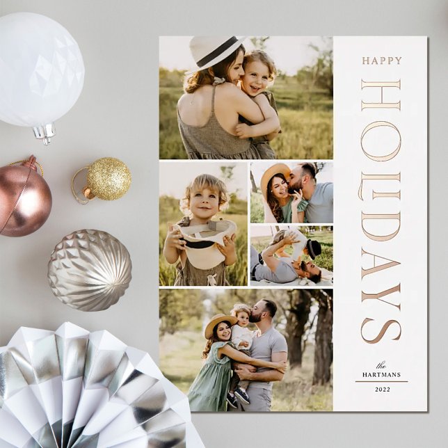 Elegant 5 Photo Collage Modern Happy Holidays Foil Foil Holiday Card (Creator Uploaded)