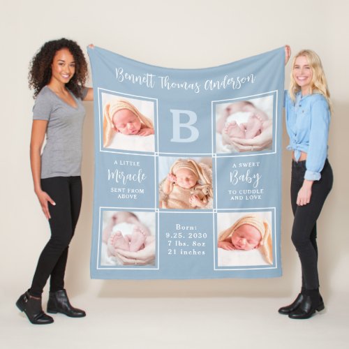 Elegant 5 Photo Collage New Baby Boy Birth Stats Fleece Blanket