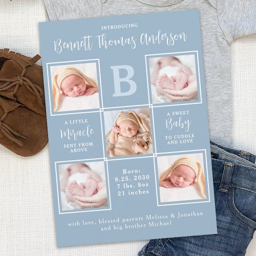 Elegant 5 Photo Collage Newborn Baby Boy Birth Announcement
