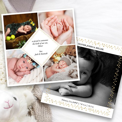 Elegant 5 Photo Gold Dot  Dash Birth Announcement