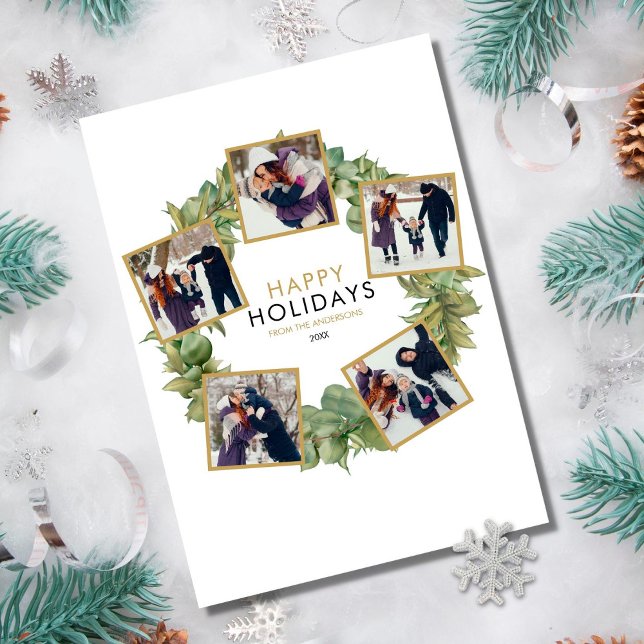 Elegant 5 Photo Greenery Wreath Christmas Holiday Card (Creator Uploaded)