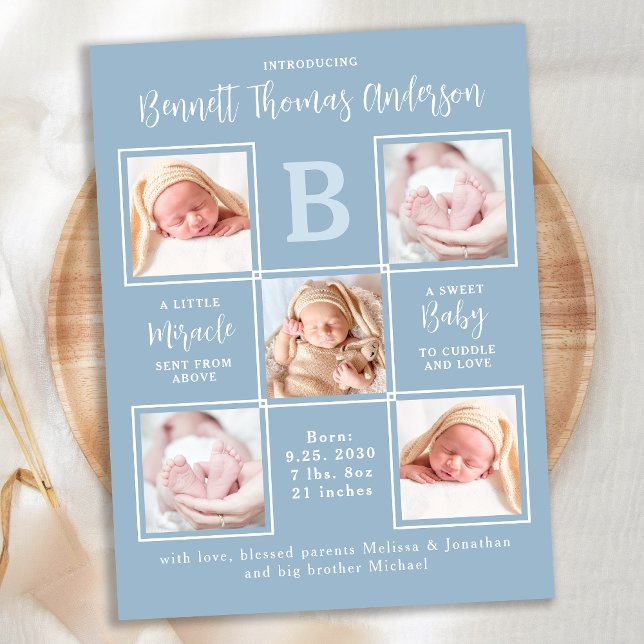 Elegant 5 Photo New Baby Boy Birth Announcement Postcard (Creator Uploaded)